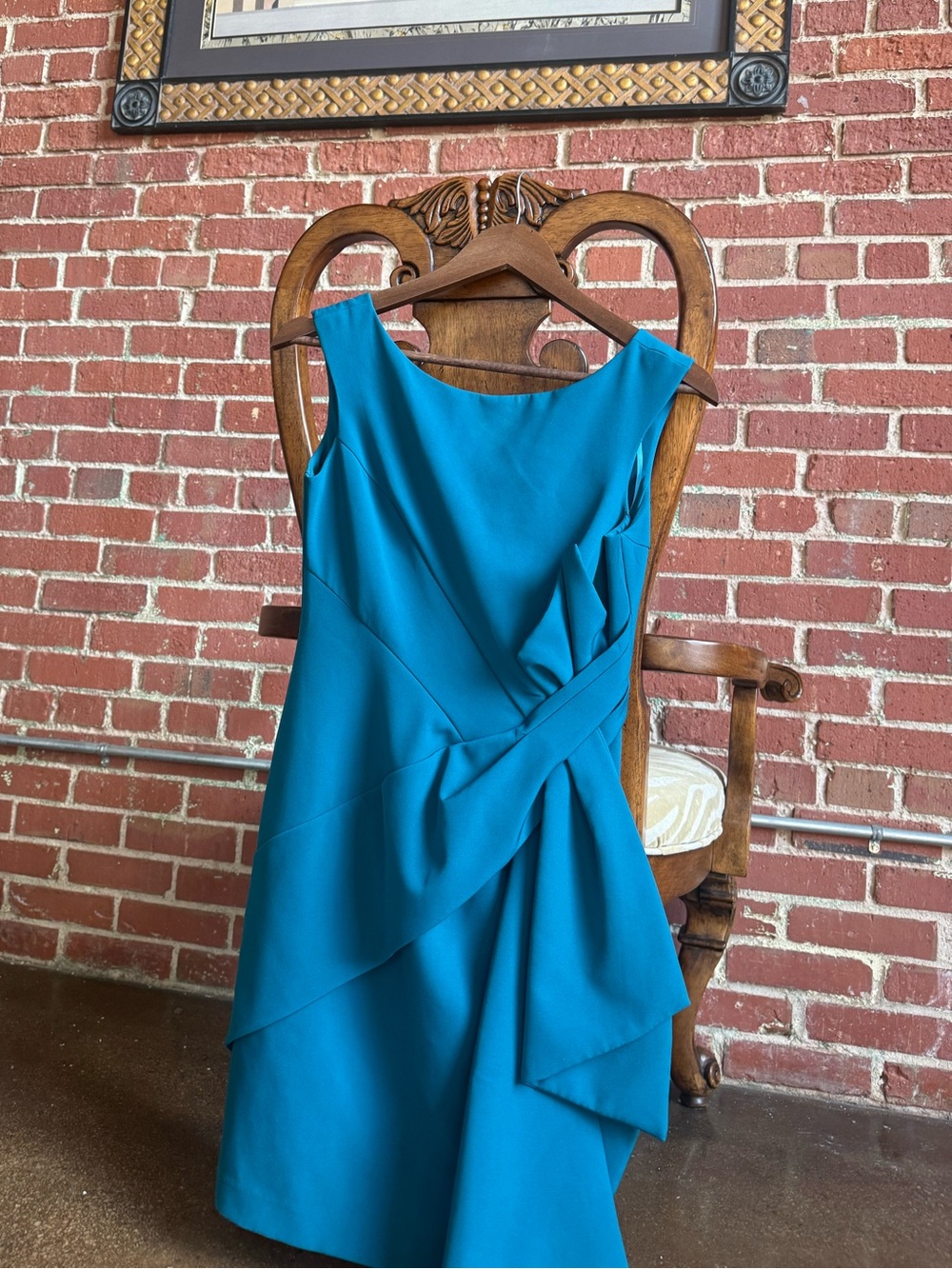 Eliza J Teal Blue Draped Ruffle Sheath Dress Size 4 Cocktail Wedding Guest